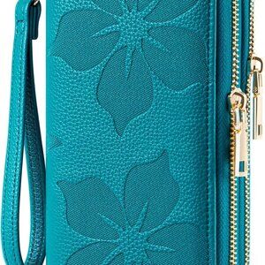 Women Leather RFID Blocking Wallet Large Capacity Double Zip Purse Clutch